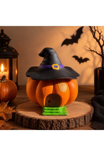 El Yapımı Taş Tozu Cadı Şapkalı Balkabağı Ev Mumluk - Halloween Cadılar Bayramı Dekoru - Kapaklı Saklama Kabı - Tealight Mum Hediyeli