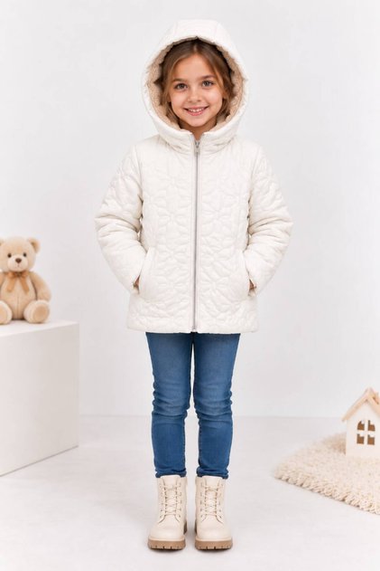 Ribbon Patterned Water and Wind Resistant Girls' Coat