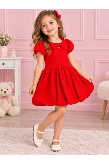 Red Ribbon Detailed Children's Dress