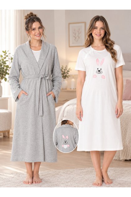 Rabbit Embroidered Sports Dressing Gown Maternity Nursing Nightgown Set Effortt