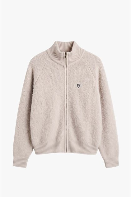 Beige Mini Brooch Zippered Cardigan