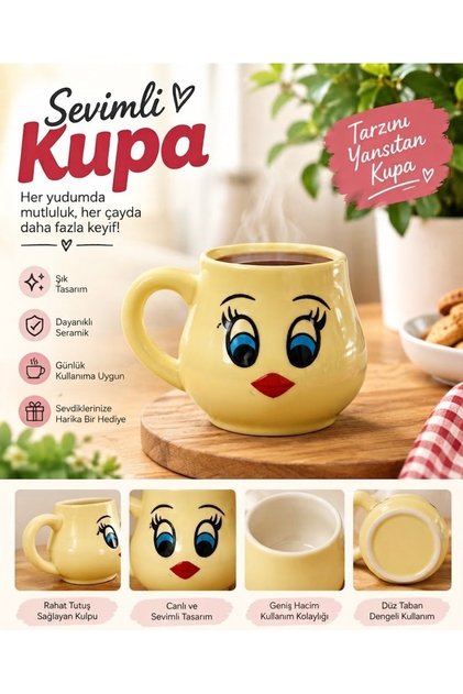 Sevimli Yüz Tasarımlı El Yapımı Seramik Kupa