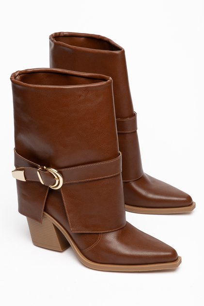Women's Cowboy Boots - Belt Buckle Pointed Toe Chunky Heel