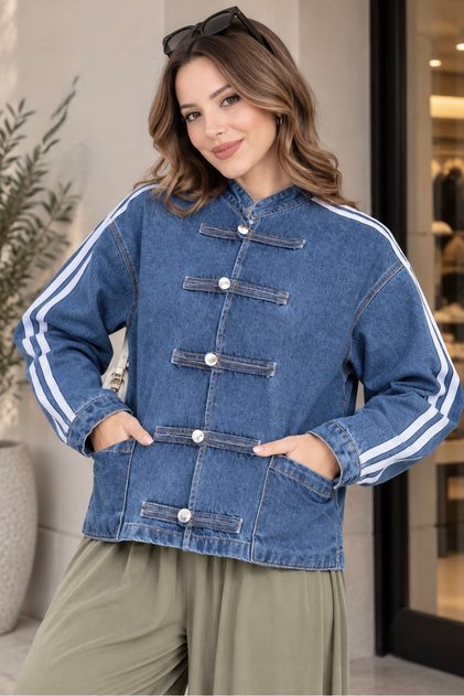 Women's Striped Detailed Oversize Buttoned Denim Jacket Sb0062