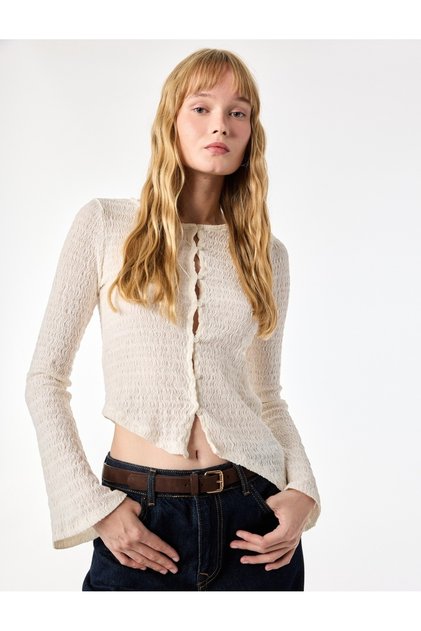 Bürümcük Fabric Asymmetrical Cut Buttoned Crew Neck Long Sleeve Cardigan