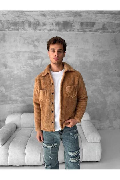 Men's Plush Teddy Jacket Oversized Shirt Collar Buttoned Pocketed Winter Coat