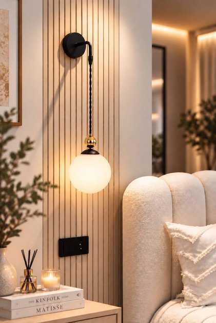 Lorenza Apli̇k ✨ Gold Detailled ✨ White Glop Glass ✨ Braided Cable ✨ Black | | Wall Lamp Bedside Lighting Bedside Lamp Wall Chandelier E-27 Electric Sconce with Lamp Holder Living Room Sconce Entrance Hall