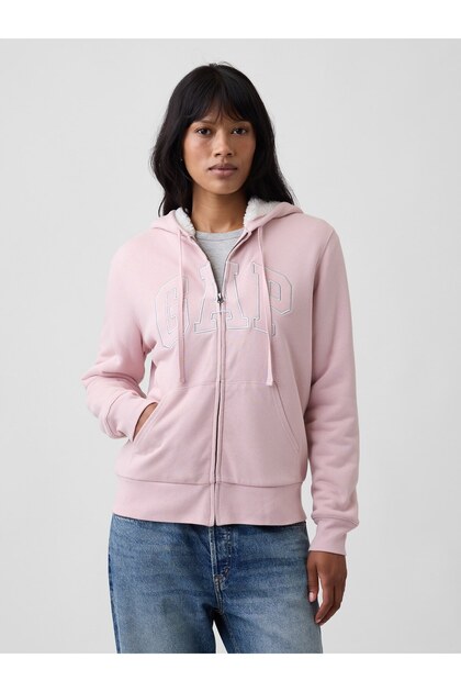 Kadın Pembe Relaxed Logo Sherpa-Astarlı Fermuarlı Sweatshirt