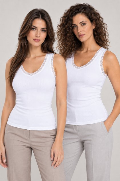 Women's 2-Pack 95% Cotton Lace Trim V-Neck Combed Cotton Camisole Wide Strap Tank Top - Flexible Soft Everyday Undergarment