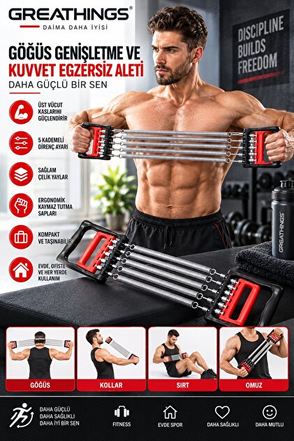 5 Yaylı Ayarlanabilir Çelik Göğüs Yayı – Kol Omuz Sırt Kas Geliştirici Fitness Aleti