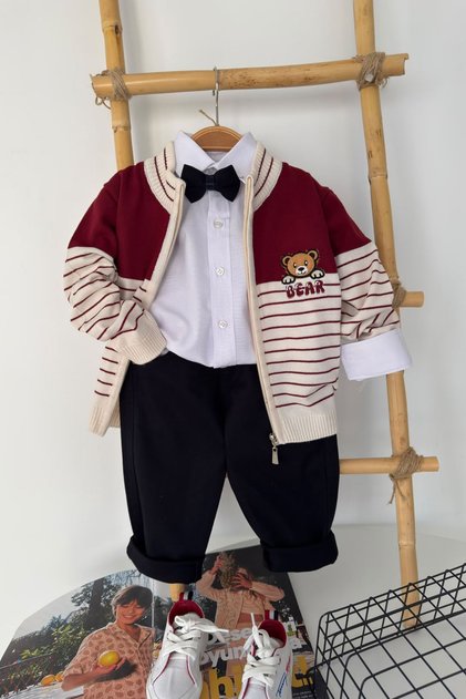 Bear Teddy Bear Embroidered Detailed Boys' 4-Piece Knitwear Cardigan Set - Claret Red