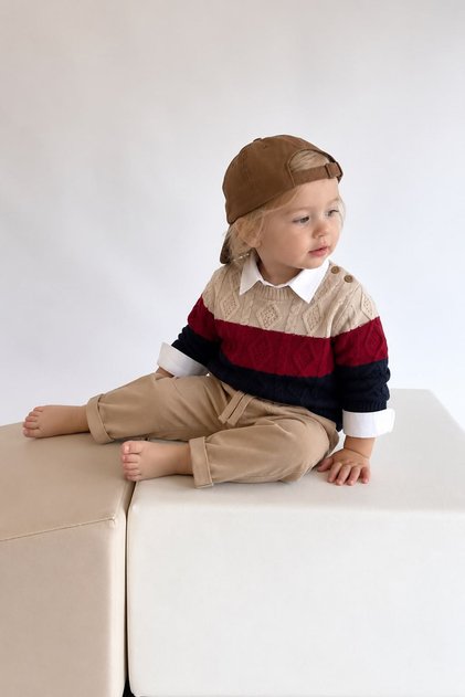 Knitted Patterned Sweater and Shirt for Baby Boy 3-Piece Set - Claret Red