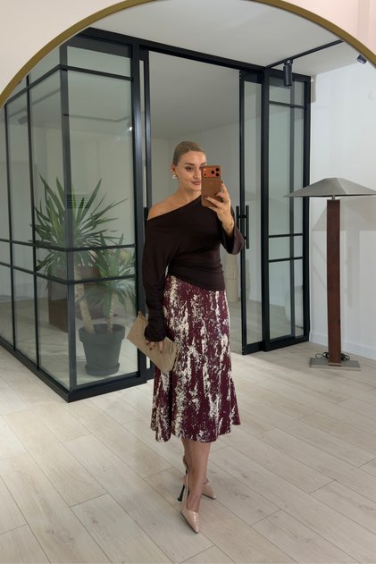 Desenli Bordo Midi Saten Etek