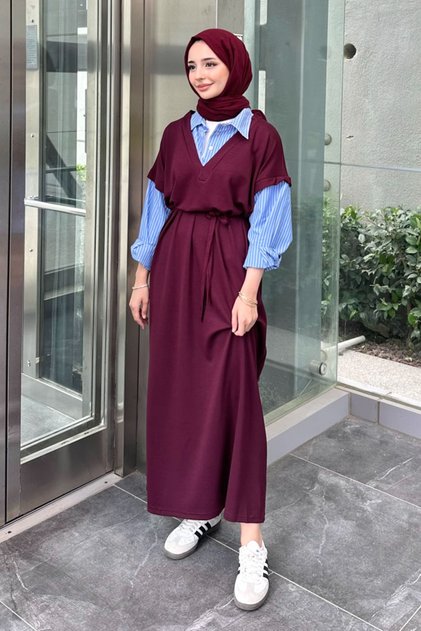 Odette Poplin Detaylı Penye Elbise - Mürdüm
