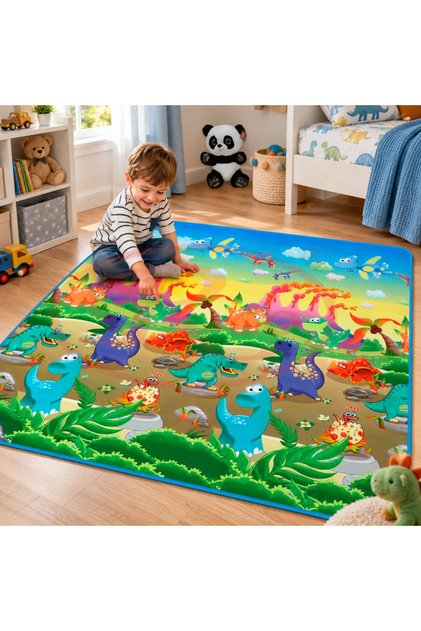 Covoras de joaca termoizolant si impermeabil, doua fete, EVA, 180 x 200 x 0.8 cm, Dinozauri si Ocean