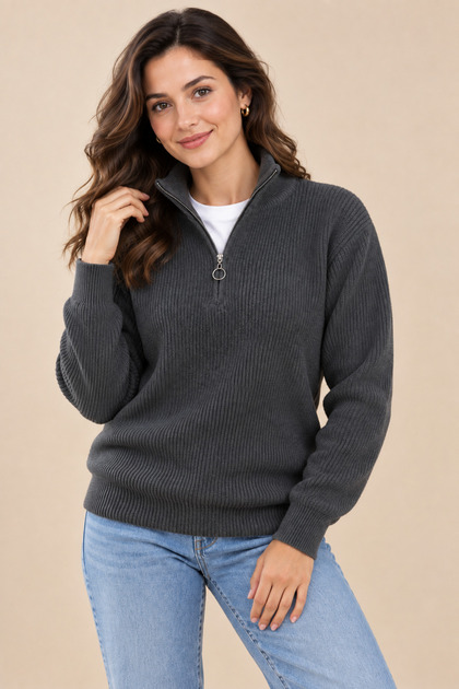 Women's Half Zipper High Neck Slim Knit Sweater Kpln