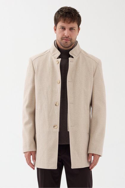 Grande Men's Light Beige Cashmere Thick Coat with Ribbed Collar Standard Fit