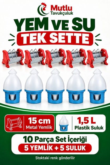 Güvercin Yemlik ve Suluk Seti – 5 Adet 15 cm Galvaniz Metal Yemlik + 5 Adet 1,5 L Plastik Suluk – Toplam 10 Parça Kümes Seti