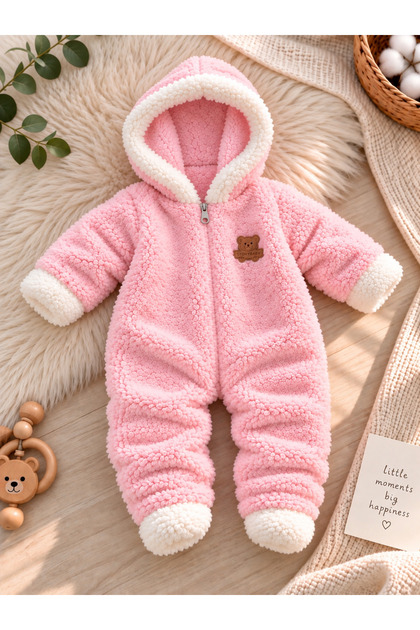Children's Welsoft Plush Hooded Zippered Baby Jumpsuit Winter Without Booties