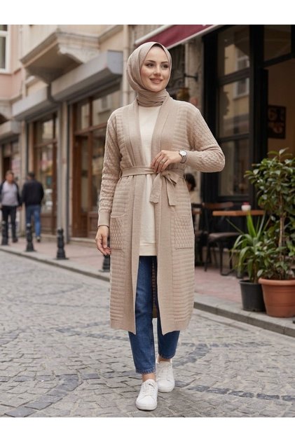Kadın Kuşaklı Uzun Örme Cepli Selanik Doku Triko Hırka