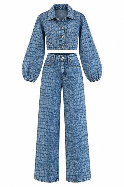 Set jachetă și pantaloni Croco Crop albastru - 1189