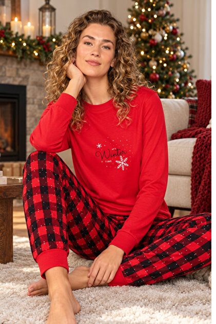 Women's Pajama Set 100% Cotton Christmas Themed Plaid Long Sleeve Seasonal 2-Piece Set