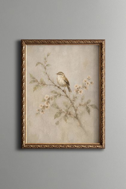 Little Sparrow on a Blooming Branch - Vintage Patterned Painting - Fine Model