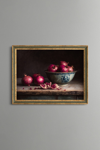 Pomegranates and Chinese Bowl - Vintage Patterned Painting - Fine Model