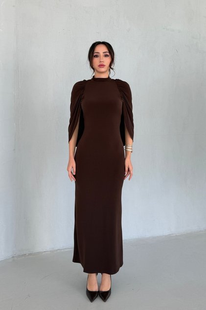 Brown High-Necked Cape Long Dress