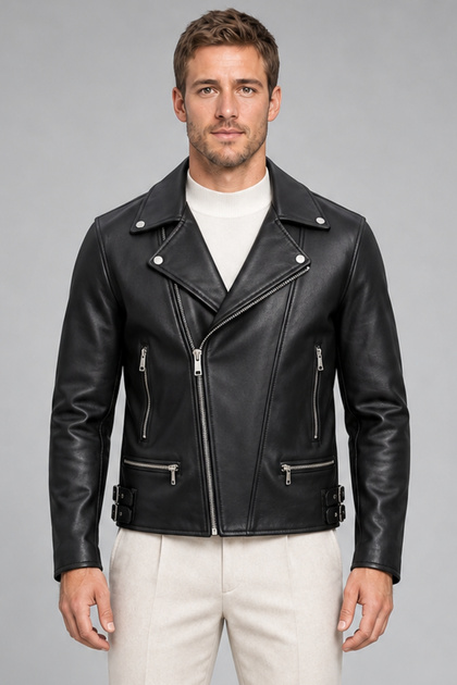 Men's Black Slim Fit Leather Jacket with Cross-Zipper and Fur Lining
