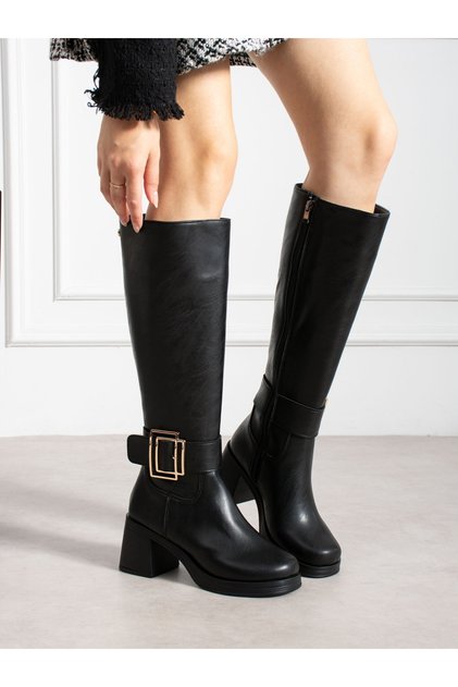 Marena Black Buckle Detailed Heeled Women's Boots