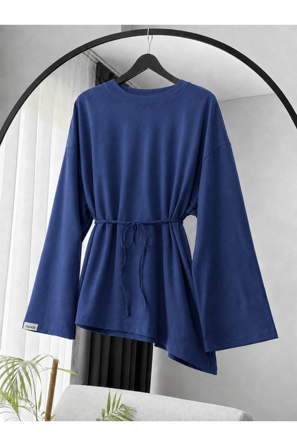 Asymmetrical Tunic with Embroidered Sleeves - Navy Blue