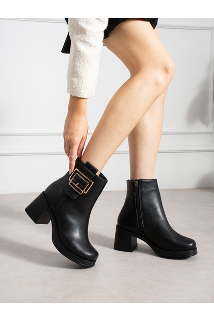 Melora Black Buckle Detailed Heeled Women's Boots