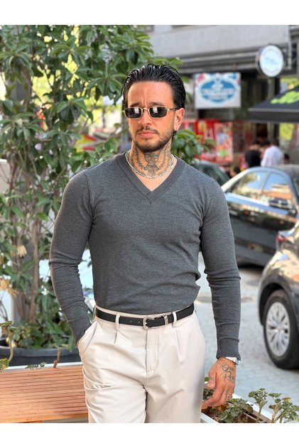 V-Neck Long Sleeve Basic Knitwear Anthracite