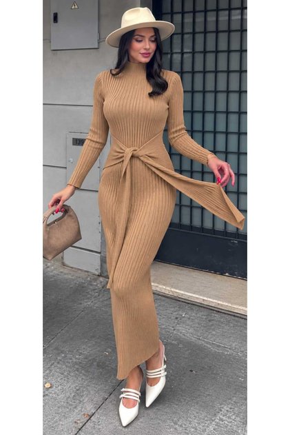 Lovebenti Women's Ribbed Tie-Detail Long Knit Dress