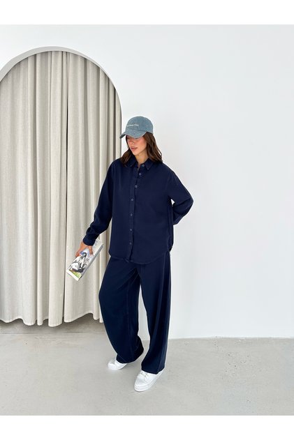 Women's Brown Oversize Shirt and Trousers Double Set