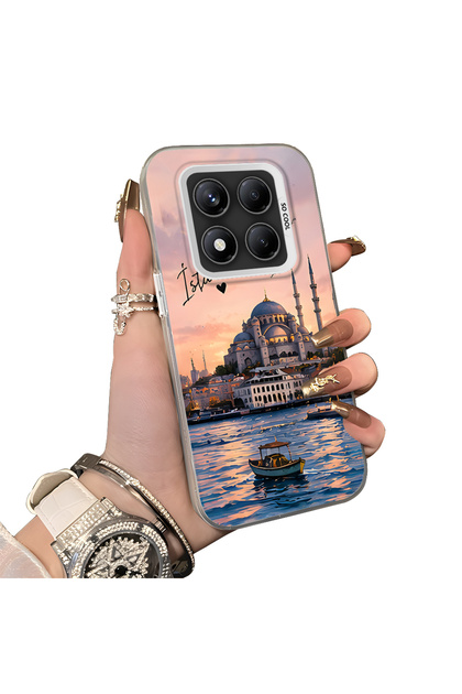 Redmi Note 14 Pro Compatible Silicone Edge Hard Back Case Istanbul Patterned Couple Phone Case