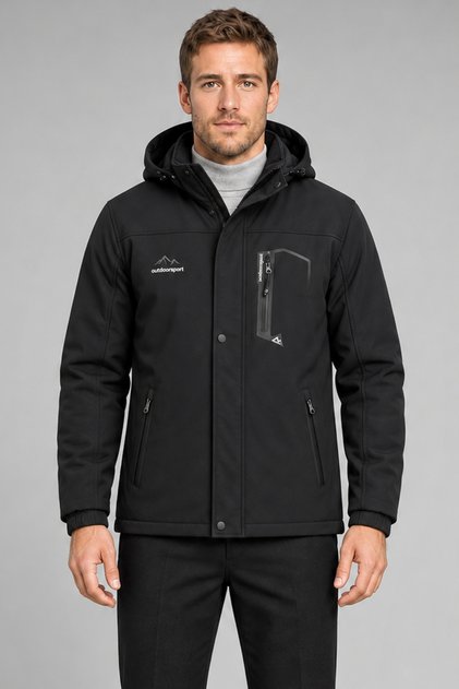 Men's Black Hooded Softshell Coat with Fur Inside, Water and Wind Resistant