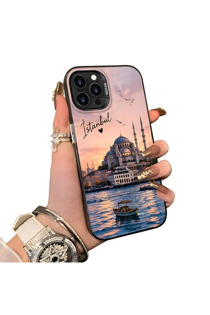 iPhone 14 Pro Compatible Silicone Edge Hard Back Case Istanbul Patterned Couple Phone Case