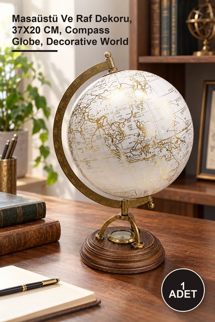 1 Adet Ahşap Pusulalı Dekoratif Dünya Küresi – Masaüstü Ve Raf Dekoru, 37X20 CM, Compass Globe, Decorative World