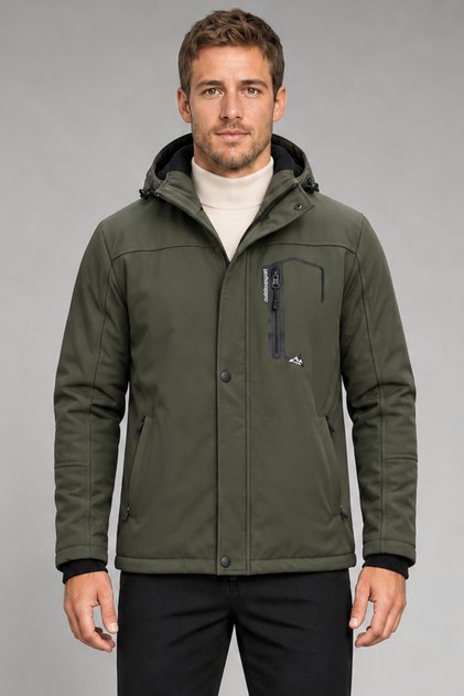 Men's Khaki Hooded Fur-Lined Water and Wind-Resistant Softshell Coat