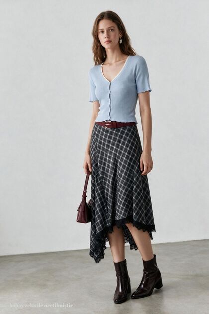Asymmetrical Cut Lace Detailed Plaid Skirt