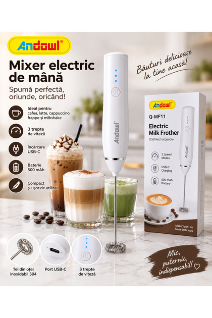 Mixer electric de mână Q-MF11, 3 viteze, USB-C, 5W, Alb