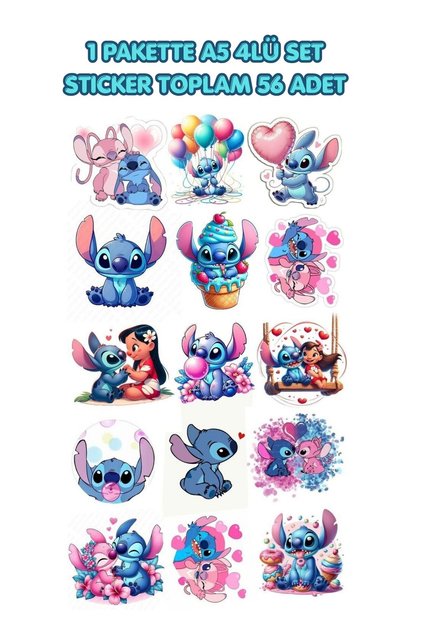 A5 4'lü Stitch Karakter Sticker Seti – 56 Adet