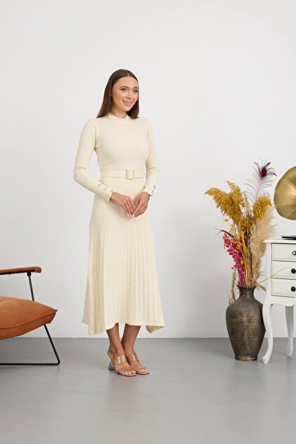 Belted Ribbed Stylish Knitwear Dress