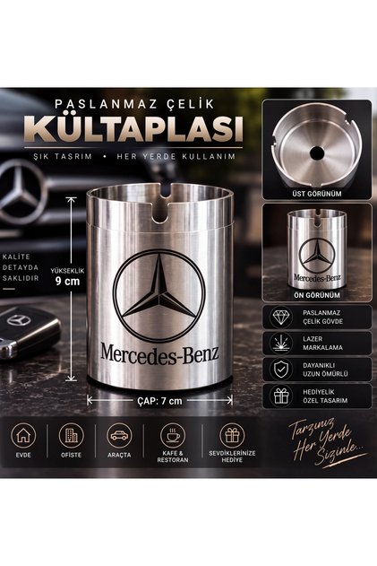 2'li Mercedes Temalı Paslanmaz Çelik Küllük – Lazer Markalama Özel Tasarım Oto Aksesuar ve Araba Tutkunlarına