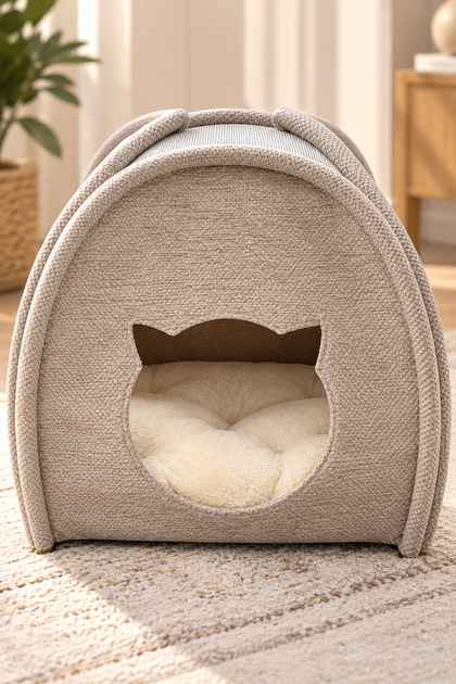Kedi Evi Kapalı Kedi Yatağı Minderli Kedi Yuvası Dekoratif Kumaş Krem