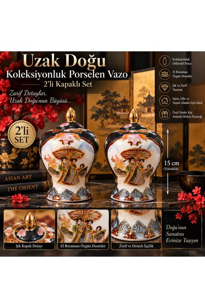 Porselen El Boyaması Uzak Doğu Desenli 2’li Kapaklı Dekoratif Vazo Seti – 15 cm