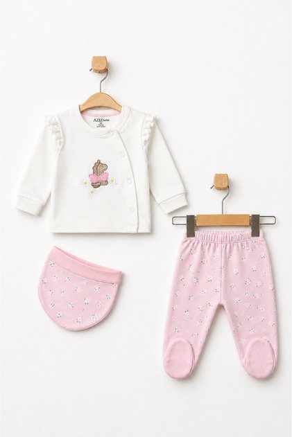 Kız Bebek Zıbın Pantolon Bere 3'lü Alt Üst Bebek Takımı 0 Ay-6 Ay