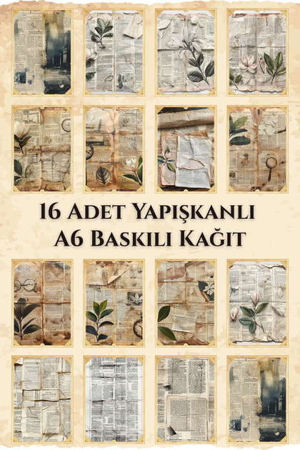 16 Adet Vintage Eskitme Gazete Temalı Yapışkanlı Scrapbook Kağıt Seti Bullet Journal Dekupaj Kağıdı